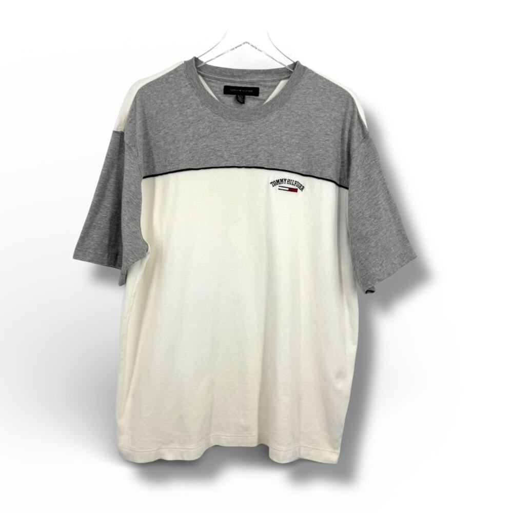 VTG Tommy Hilfiger T shirt men's XL crew color block short sleeve gray cream Y2K